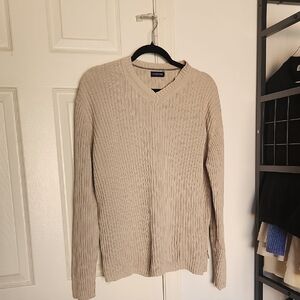 Structure Mens Vintage V Neck Ribbed Tan Sweater M/L
